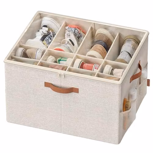 Organizador de zapatos SONGMICS con tapa transparente y separadores para 16 pares, color beige