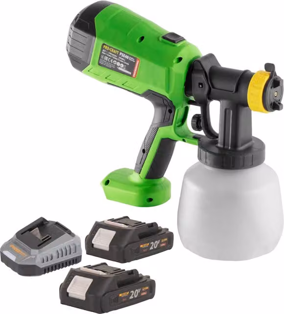 Pistola pulverizadora de pintura Procraft PSE40BB 20 V color verde con 2 baterías de 2,0 Ah y cargador para lacas y barnices