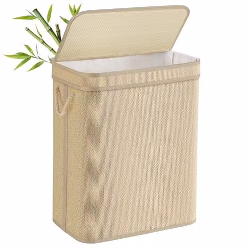 Cesto de ropa sucia SONGMICS de bambú y acero con tapa y bolsa extraíble de 90 l en color beige