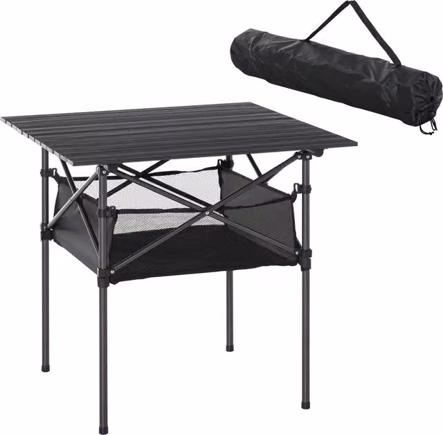 Mesa de camping plegable Outsunny negra con espacio de almacenaje de malla, An/P/Al: 70 x 70 x 69 cm