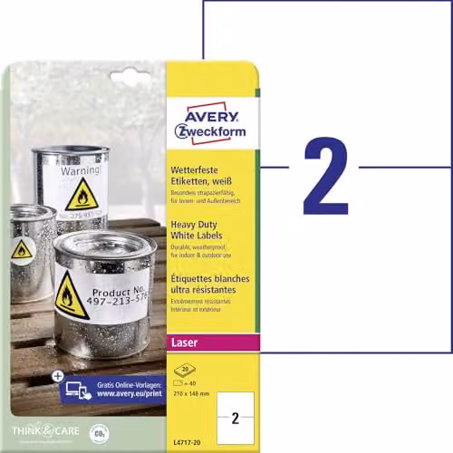 Etiquetas multipropósito Avery Zweckform de poliéster blancas para láser, formato A5, 40 unidades