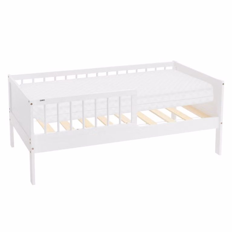 Cama infantil ML-Design de madera de pino lacada en blanco y beige con colchón de espuma y protección, An/P/Al: 140 x 70 x 70 cm