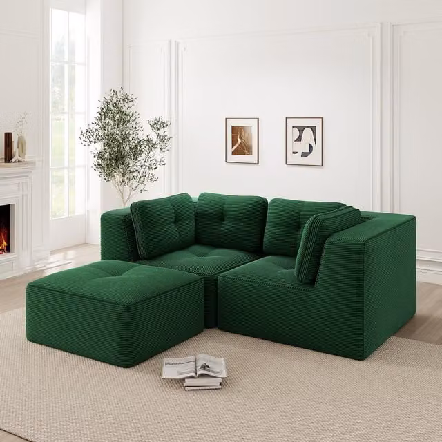 Sofá Esquinero Modular KELLANY de Dos Plazas en Forma de L con Reposapiés, Tejido de Pana Reversible y Función de Cama, Color Verde