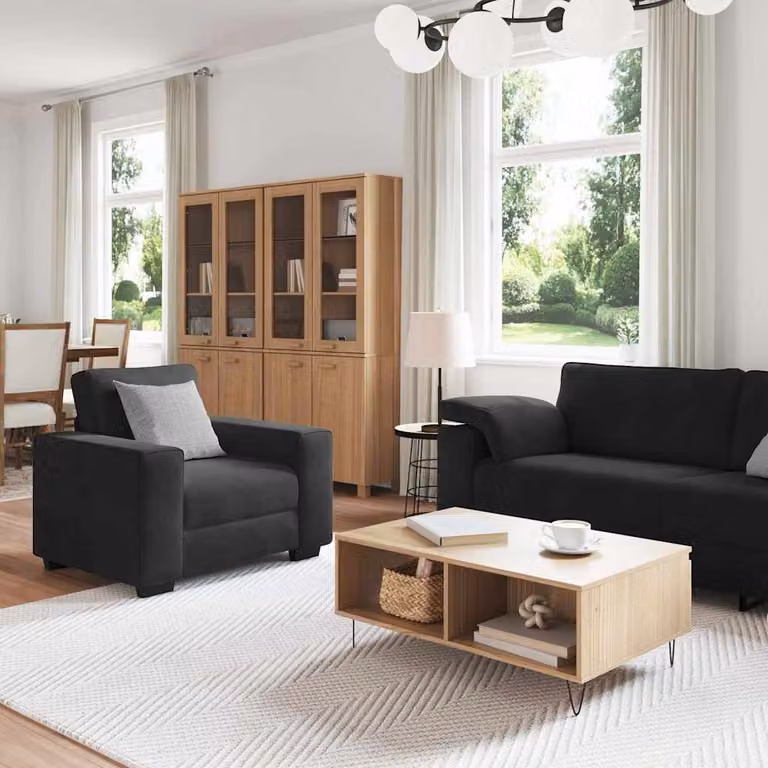 Juego de sofás de 3 piezas vidaXL tapizados en terciopelo negro con cojines y estructura mixta de madera y metal para salón u oficina