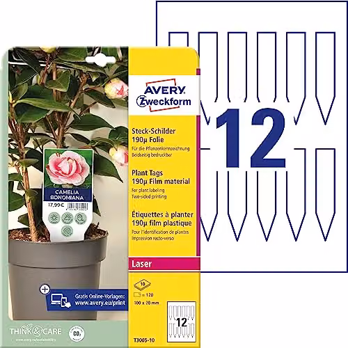 Marcadores imprimibles Avery Zweckform T3005-10 para plantas, color blanco, An/P: 100 x 200 mm, caja de 120 unidades, compatibles con impresora láser