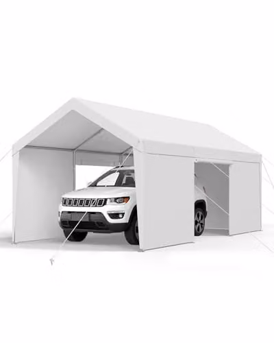 Cochera VEVOR para coches y embarcaciones con paredes laterales y puertas desmontables, resistente a los rayos UV y al agua, color blanco, An/P/Al: 6,09 x 3,65 x 3,02 m