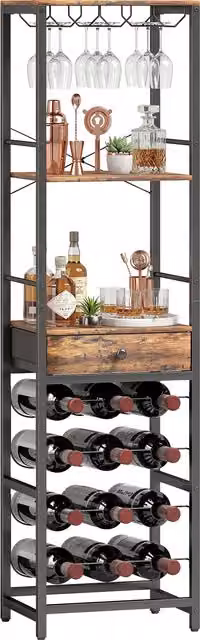 Botellero TREETALK para 12 botellas con estante abierto y cajón, estilo industrial en marrón y negro, An/P/Al: 40 x 30 x 148 cm