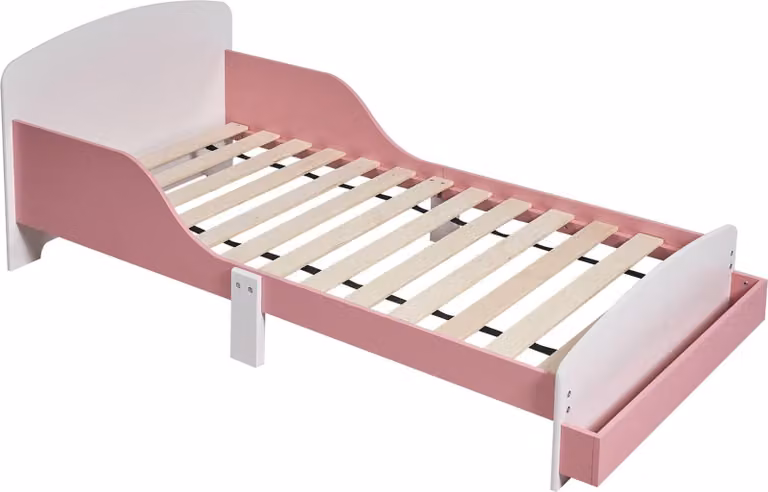 Cama infantil Northix con barandilla, estante de noche y compartimentos laterales, blanca y rosa