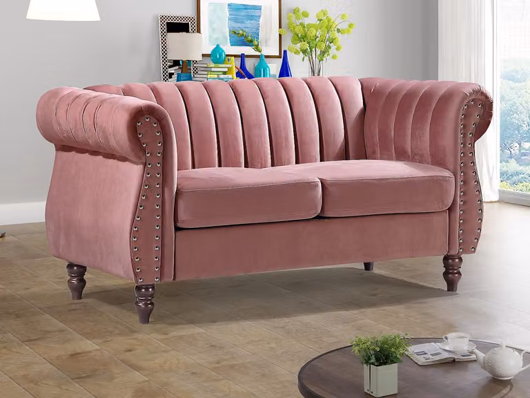 Sofá Chesterfield de 2 plazas TRUMBO en terciopelo rosa con estructura de madera sólida