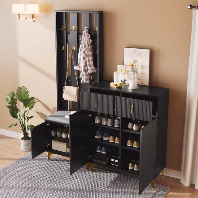 Mueble de entrada Modenvie con banco zapatero, 2 puertas, 2 cajones y panel perchero con ganchos dorados, negro mate, An/P/Al: 120 x 35 x 83 cm