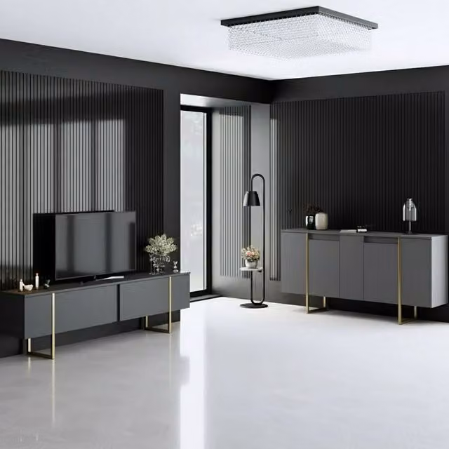 Mueble de salón bajo DMORA Pignano en negro antracita y detalles dorados con puertas abatibles y estantes internos An/P/Al: 180 x 50 x 66 cm