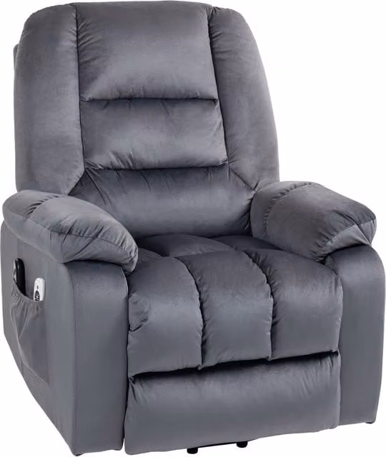 Sillón reclinable eléctrico NORTHIX con masaje, calefacción y reposapiés en color gris y acabado de terciopelo para personas mayores