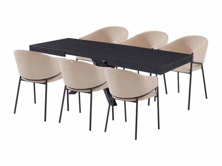 Conjunto de mesa rectangular extensible y 7 sillas CATONAV en negro y beige