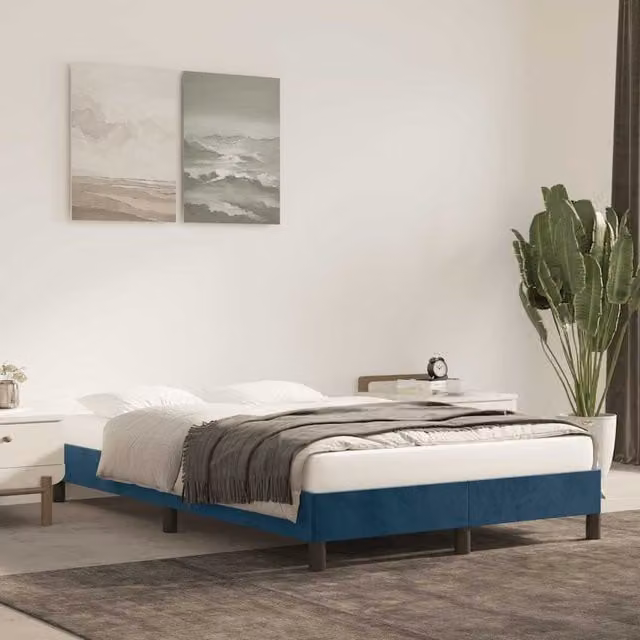 Estructura de cama tapizada Maison Exclusive en terciopelo azul, An/P/Al: 120 x 200 x 140 cm