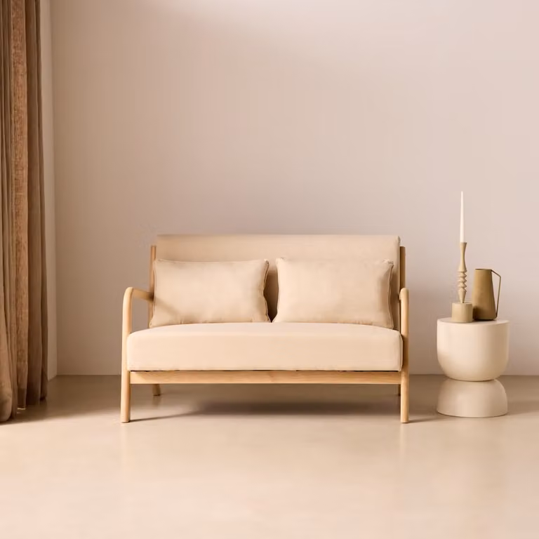 Banco de diseño escandinavo SWEEEK en madera y tela beige, An/P/Al: 124 x 38 x 77 cm