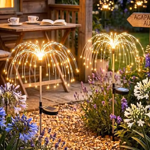 Pack de 2 luces de fuegos artificiales Dekofun con 120 LED solares en color blanco cálido para decoración de jardín y patio con protección IP65