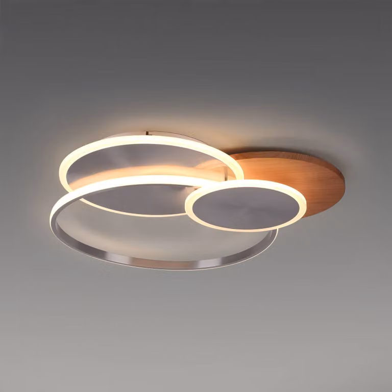 Lámpara de techo LED Palma de Paul Neuhaus con mando a distancia, atenuable, en madera oscura y plata para salón o comedor