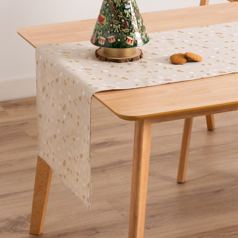 Camino de mesa de Navidad Gamusi en jacquard de algodón, color beige y oro, An/P: 45 x 135 cm