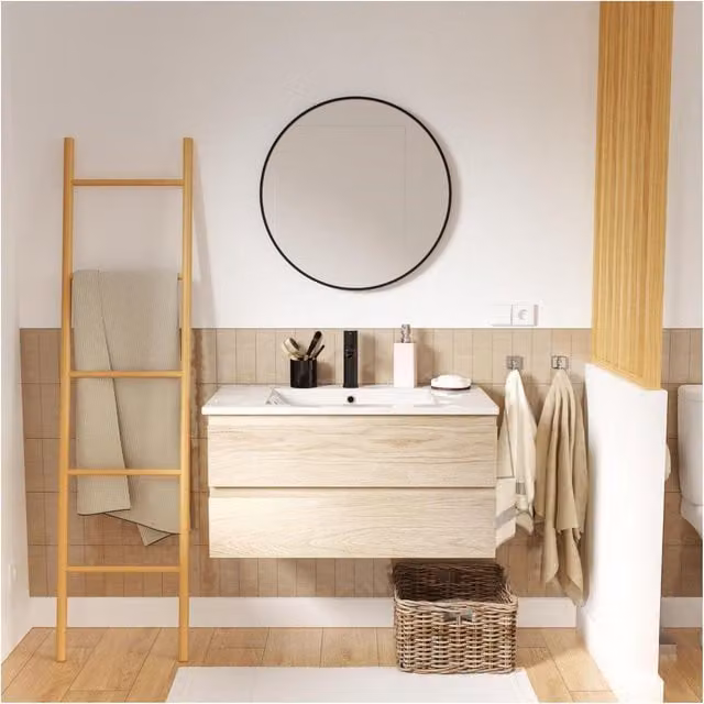 Mueble de baño moderno con lavabo Sorrento en color beige y marrón con puertas y cajones de cierre suave An/P/Al: 80 x 45 x 45,5 cm