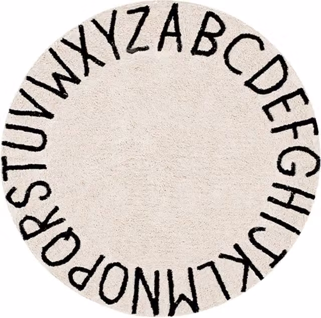 Alfombra lavable de algodón ABC de Lorena Canals para niños en blanco, beige y negro con diseño redondo