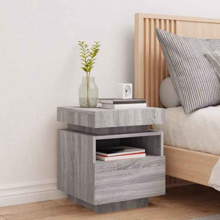 Mesita de noche con luces LED vidaXL en color gris sonoma, An/P/Al: 40 x 39 x 48,5 cm