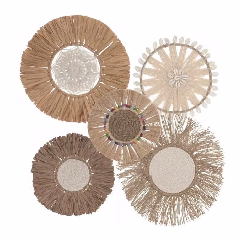 Set de 5 piezas decorativas de pared de La Loja de Ana en yute, rafia y ratán, estilo boho y náutico, color beige, Diámetro: 32 cm