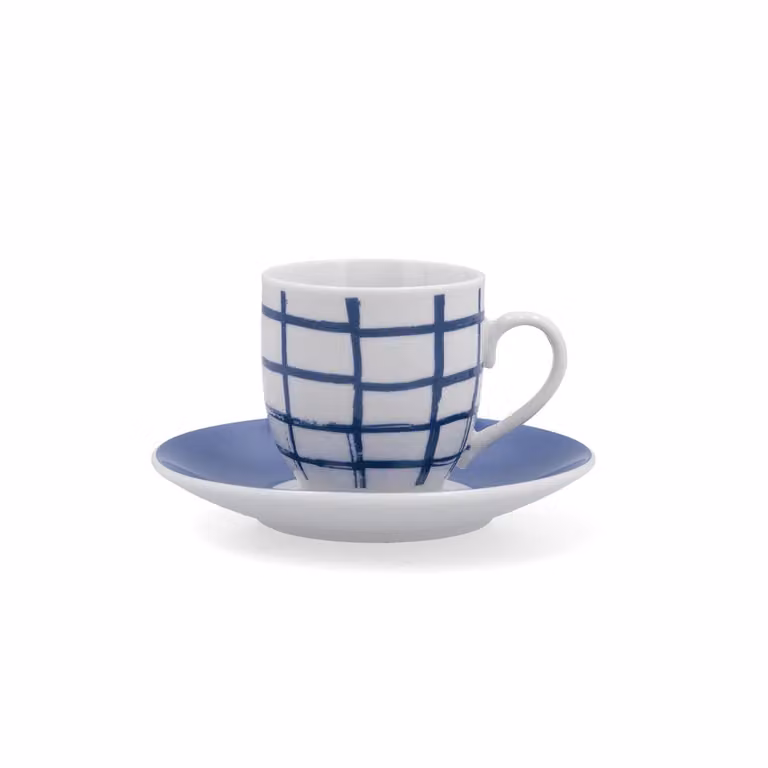 Juego de 6 tazas de café con plato Kansas de Quid en porcelana blanca y azul de 9 cl