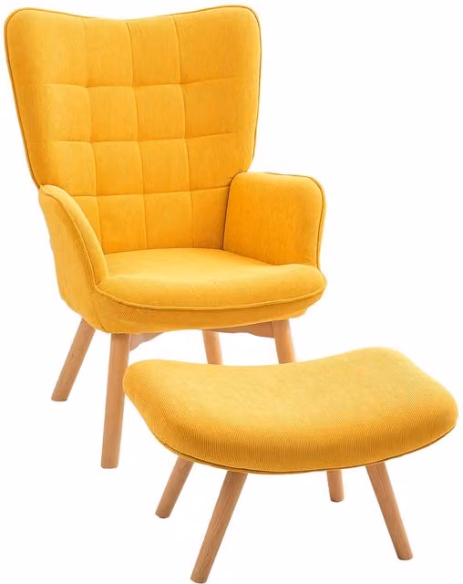 Sillón de orejas NORTHIX en corduroy naranja con otomana y patas de madera de haya An/P/Al: 101 x 80 x 45 cm