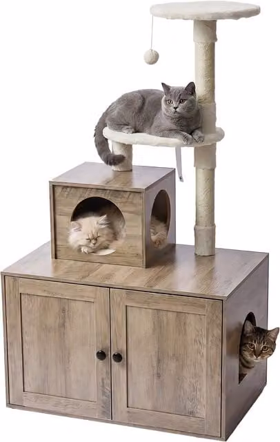 Árbol rascador para gatos Relaxdays con armario para arenero, cama y postes de sisal, efecto madera marrón claro, Al 133 x An 78 x P 49 cm