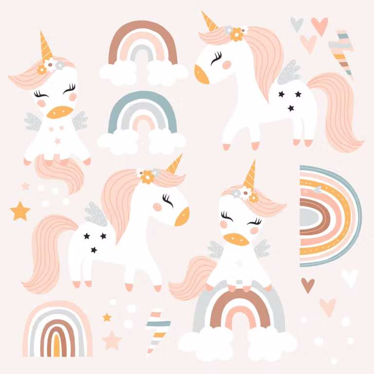 Vinilos decorativos adhesivos para pared de unicornios y animales para niños de Decochic en rosa y multicolor