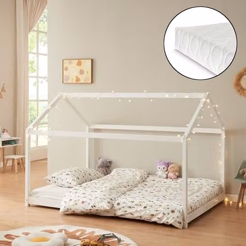 Cama Montessori en forma de casa en.casa para niños de madera de pino con colchón, color blanco, An/P/Al: 140 x 200 cm