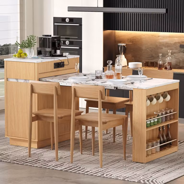 Isla de cocina multifuncional OKWISH con mesa de comedor extensible, estante para especias, barra con ganchos y cajones en color beige