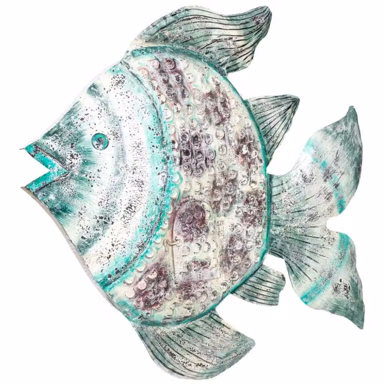 Portavela de metal con forma de pez Wanderlust deco en color azul turquesa y verde, An/P/Al: 120 x 9 x 100 cm