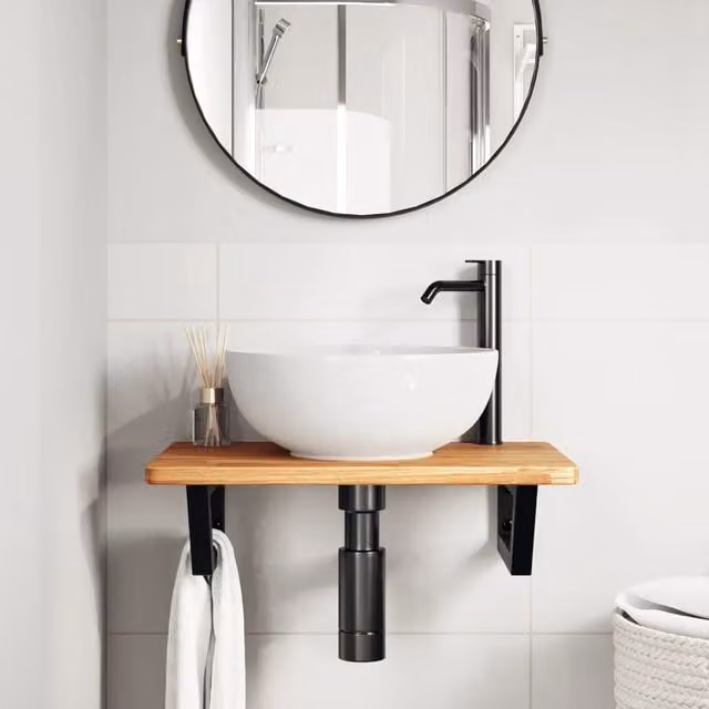 Estante de lavabo de pared SYFAX en madera de roble y metal negro y marrón