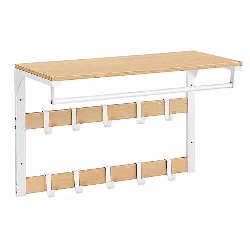 Perchero de pared VASAGLE con 10 ganchos extraíbles y barra de colgar en color roble y blanco