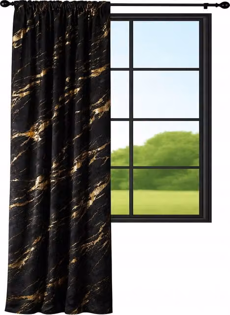 Cortina de terciopelo NOW-ART con diseño de mármol negro y estampado dorado, An: 140 cm, Al: 230 cm