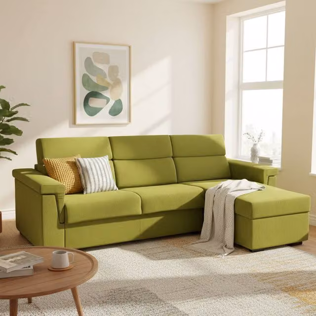 Sofá cama con chaise longue DMORA en color verde, diseño moderno con almacenaje, fundas desenfundables y estructura de madera sólida, An/P/Al: 285 x 160 x 200 cm