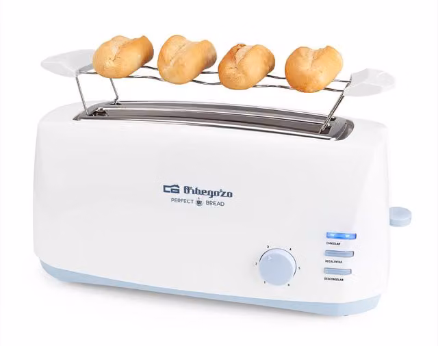Tostadora de ranura larga Orbegozo TO 4500 de 1400W para 4 tostadas en color blanco con 6 niveles de tostado, calienta panecillos y bandeja recogemigas