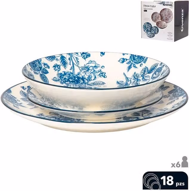 Vajilla de cerámica EDM Modelo Provenza con diseño floral azul de 18 piezas para adultos
