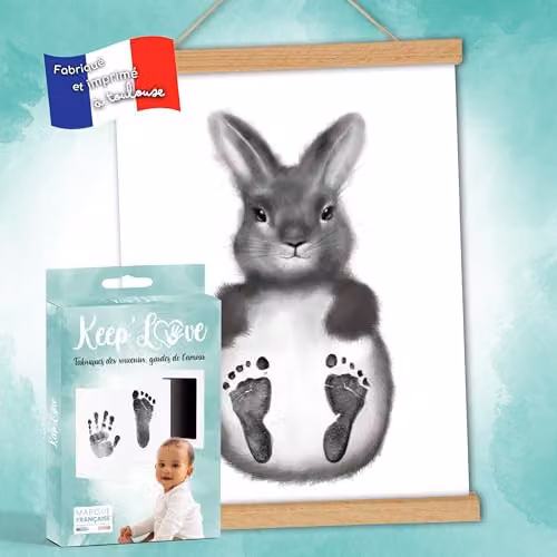 Keep'Love Póster de huellas de bebé con diseño de conejo, kit de huellas sin tinta para recuerdos de nacimiento, An/P/Al: 30 x 40 cm, colores gris, negro y blanco