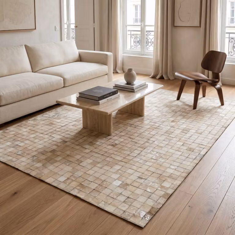 Alfombra de cuero patchwork moderna The Deco Factory en marrón, plata, blanco y beige, An/P: 160 x 230 cm