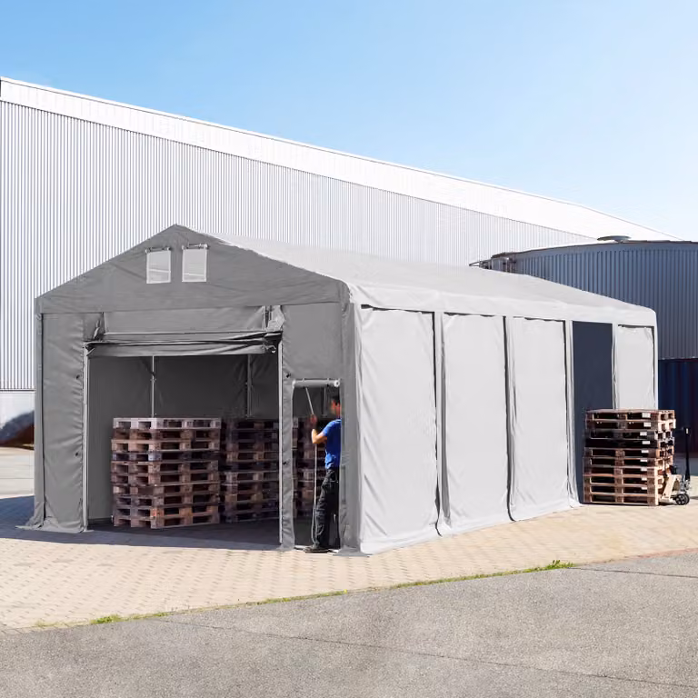 Carpa de almacén TOOLPORT en color gris con puerta levadiza y lona de PVC, An/P/Al: 10 x 5 x 3 m