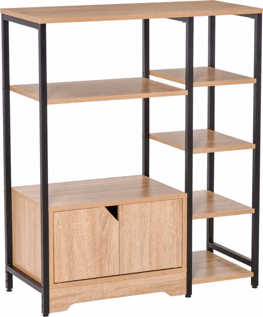 Estantería librería HOMCOM de madera natural y metal con estantes abiertos y armario de doble puerta, An/P/Al: 80 x 35 x 97 cm