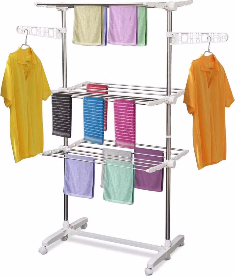 Perchero plegable Northio para ropa con 3 niveles, ruedas y color blanco, An/P/Al: 80-142 x 55 x 152 cm