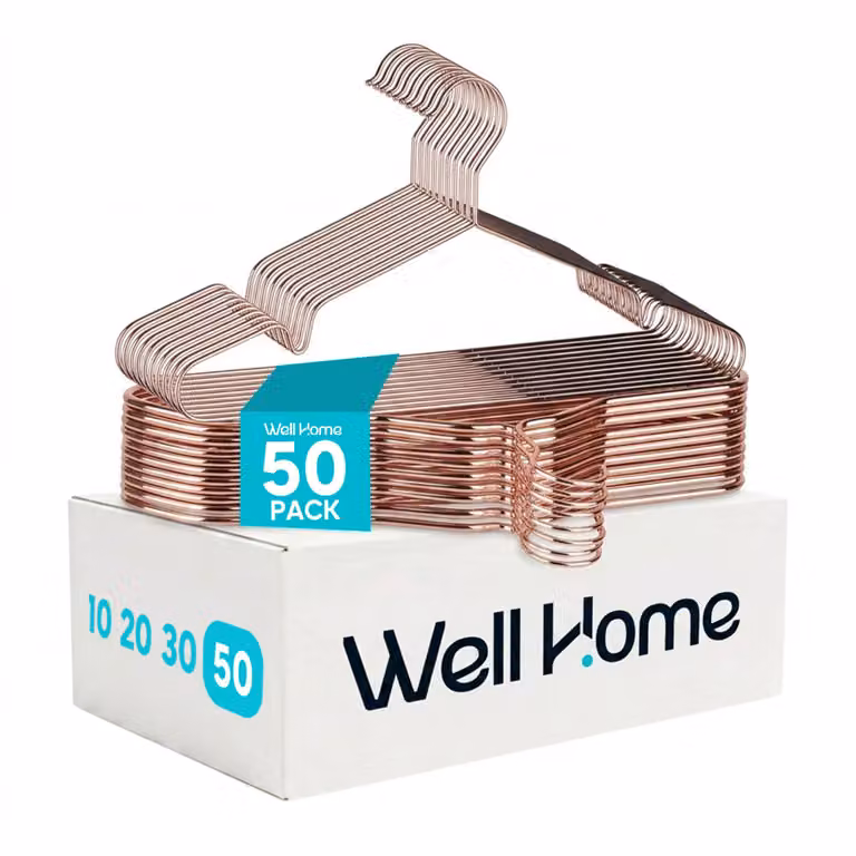 Pack de 50 perchas metálicas antideslizantes y de ahorro de espacio Wellhome en color oro y rosa