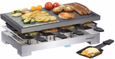 Grill raclette Steba RC 88 de 1200 W para 8 personas en color negro y plata con revestimiento antiadherente y termostato ajustable