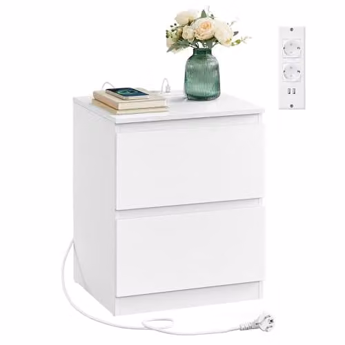 Mesita de noche VASAGLE con regleta de enchufes y 2 cajones en color blanco