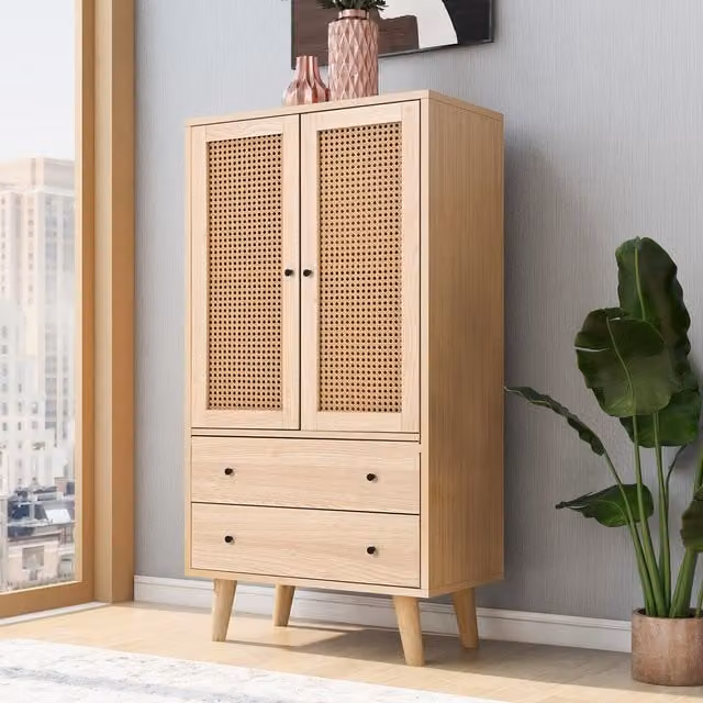 Aparador moderno BEAOK de madera y ratán en color marrón para salón o comedor, An/P/Al: 120 x 40 x 76 cm