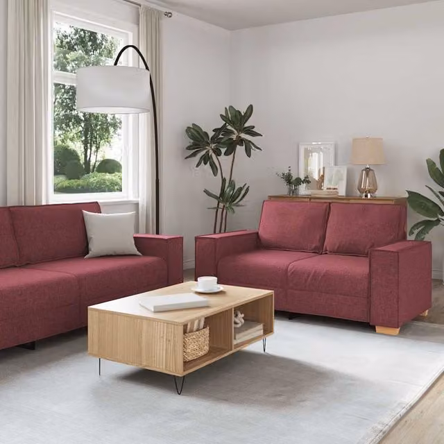 Juego de sofás de 2 piezas vidaXL con cojines, tapizados en tela roja, incluye sofá de 2 plazas y sofá de 3 plazas con diseño moderno para salón o despacho