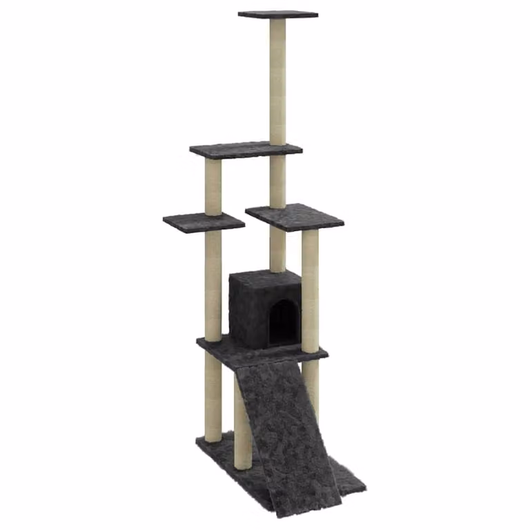 Rascador para gatos vidaXL con cueva, juguetes integrados y postes de sisal, color gris oscuro, Altura: 155 cm